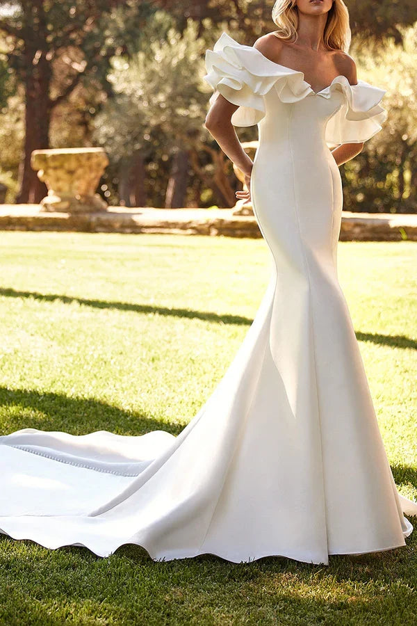 Off-Shoulder Satin Ruffled Wedding Dress - Chloe Dress