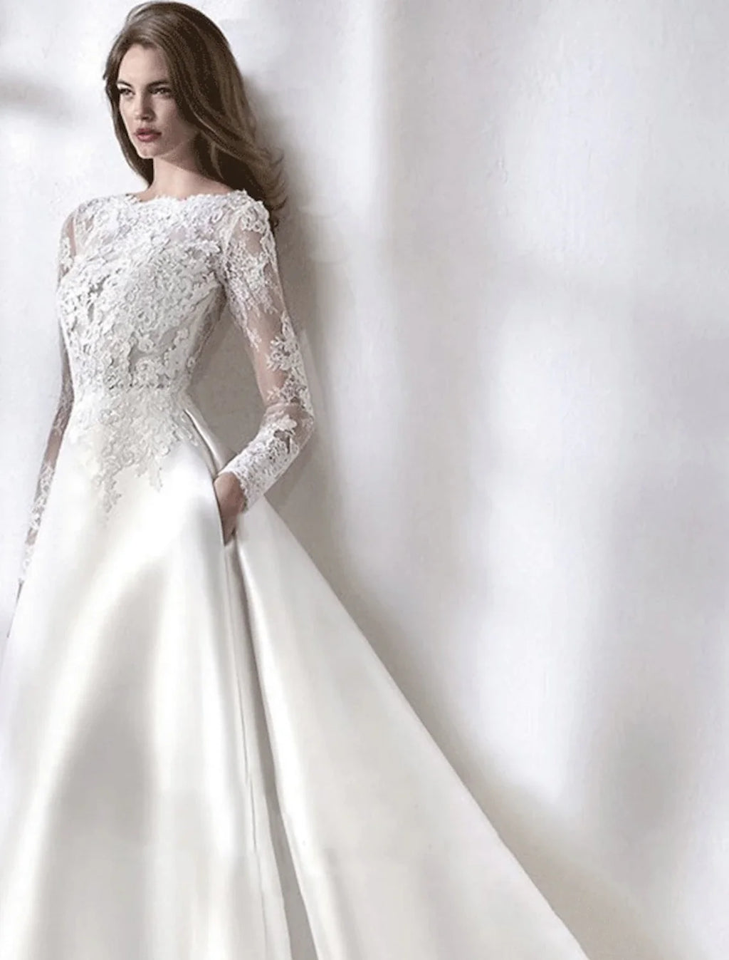 A-Line Illusion Satin Long Sleeve Pleated Wedding Gown - Chloe Dress