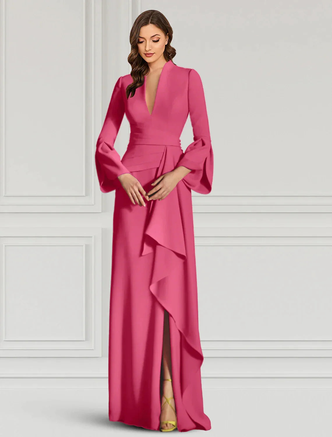 Black V-Neck Long Sleeve Ruffled Floor-Length Evening Gown - Chloe Dress