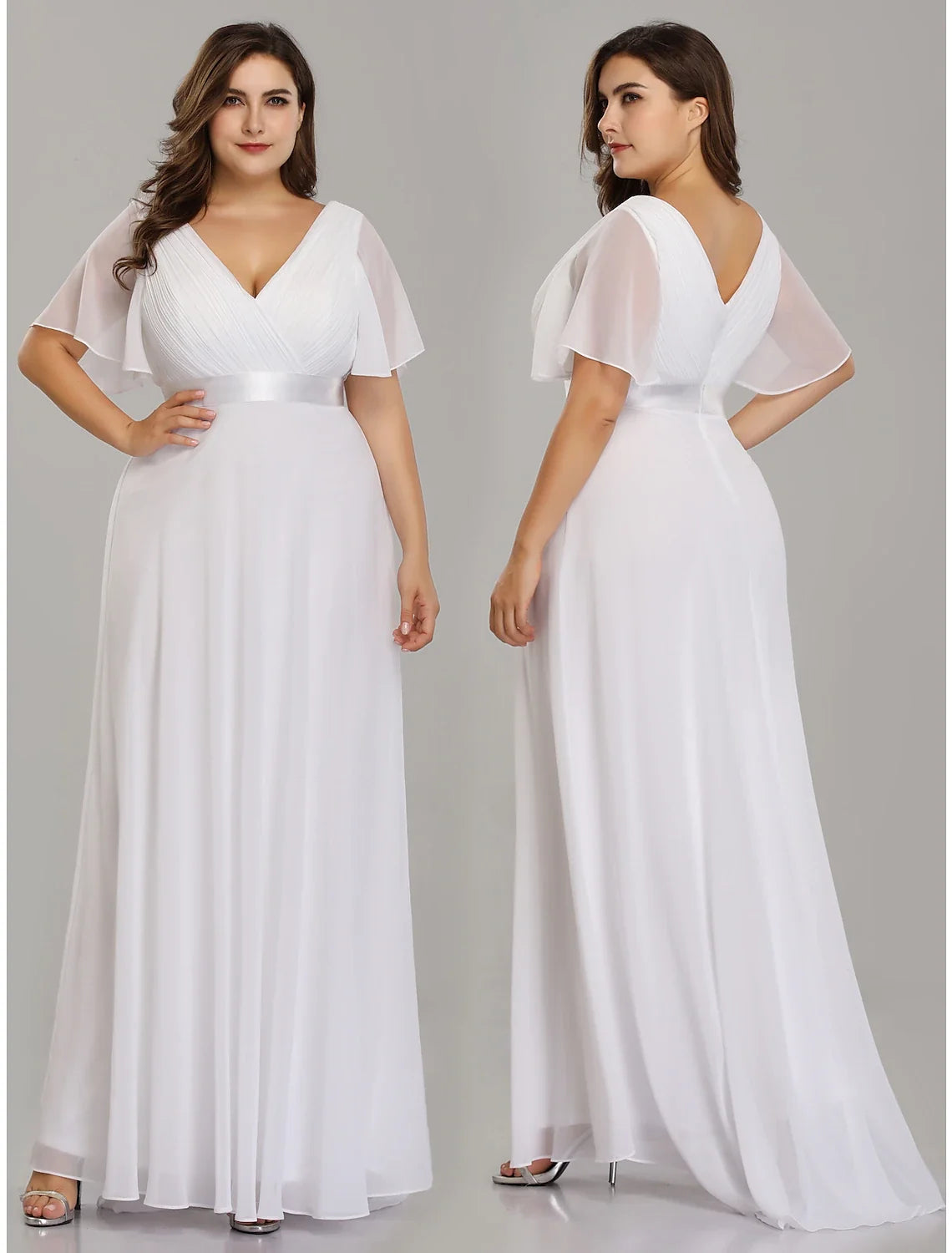 A-Line V-Neck Chiffon Short Sleeve Pleated Floor-Length Evening Dress - Chloe Dress