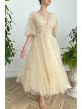 A-Line V-Neck Lace Pleated Ankle-Length Prom Dress - Chloe Dress