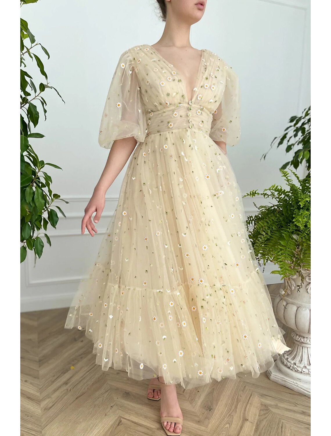 A-Line V-Neck Lace Pleated Ankle-Length Prom Dress - Chloe Dress