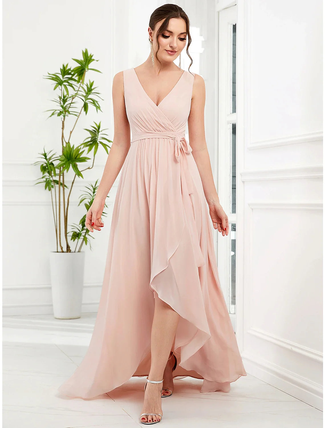 A-Line Spaghetti Strap Chiffon Sleeveless High Slit Wedding Dress - Chloe Dress