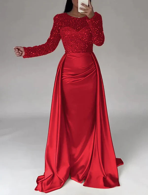Mermaid Illusion Satin Long Sleeve Floor-Length Evening Gown - Chloe Dress