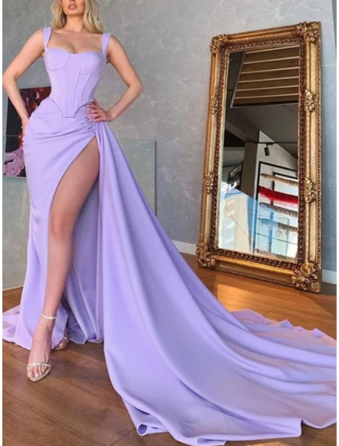 Sheath Square Neck Sleeveless High Slit Wedding Dress - Chloe Dress