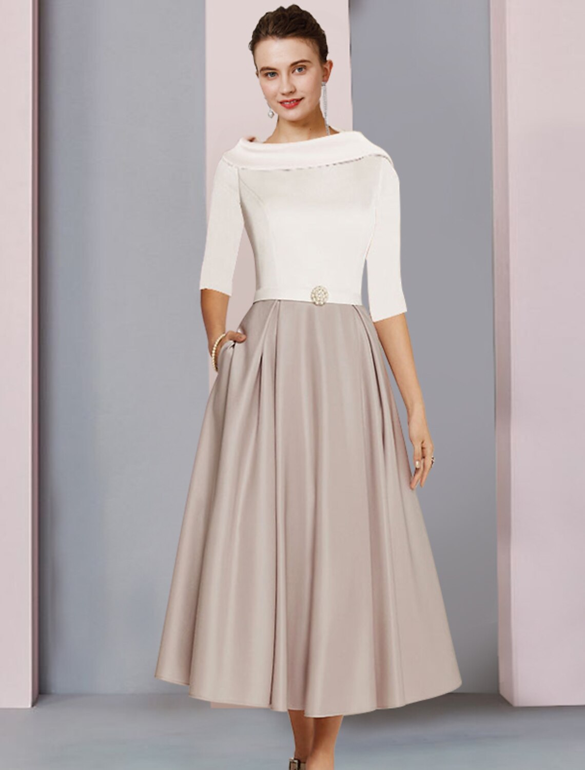 A-Line Satin Pleated Tea-Length Wedding Dress - Chloe Dress