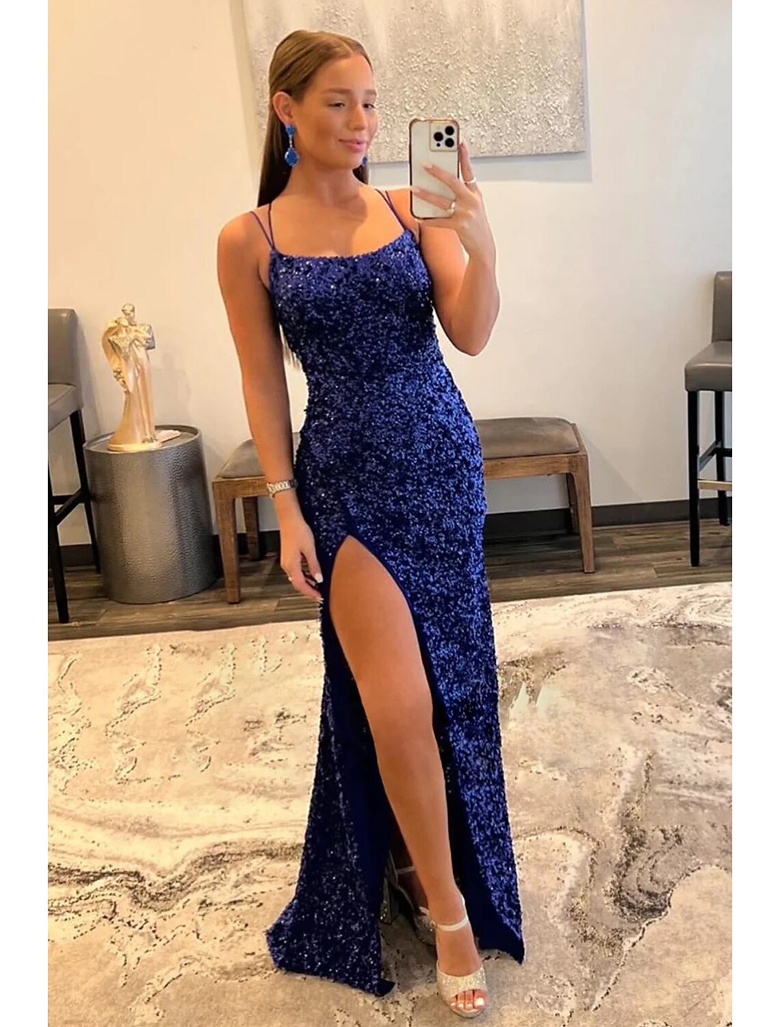 Mermaid Spaghetti Strap Sequin Sleeveless Backless High Slit Prom Dress - Chloe Dress
