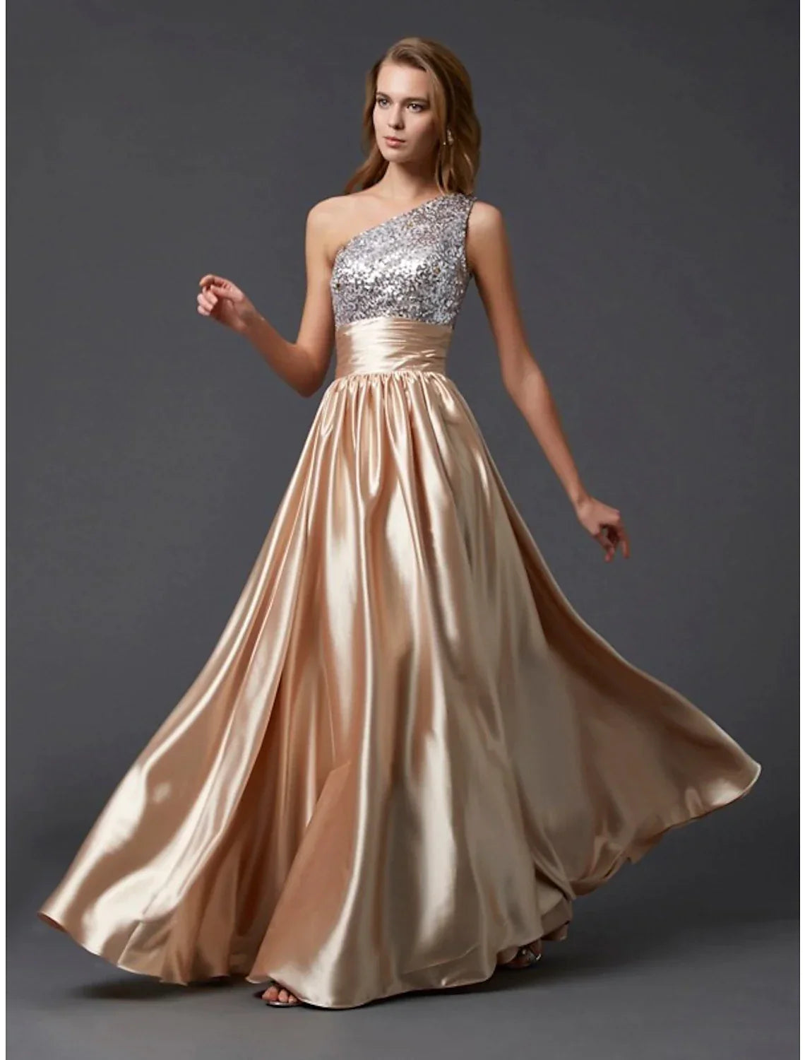 A-Line One-Shoulder Sequin Sleeveless Pleated Floor-Length Prom Dress - Chloe Dress