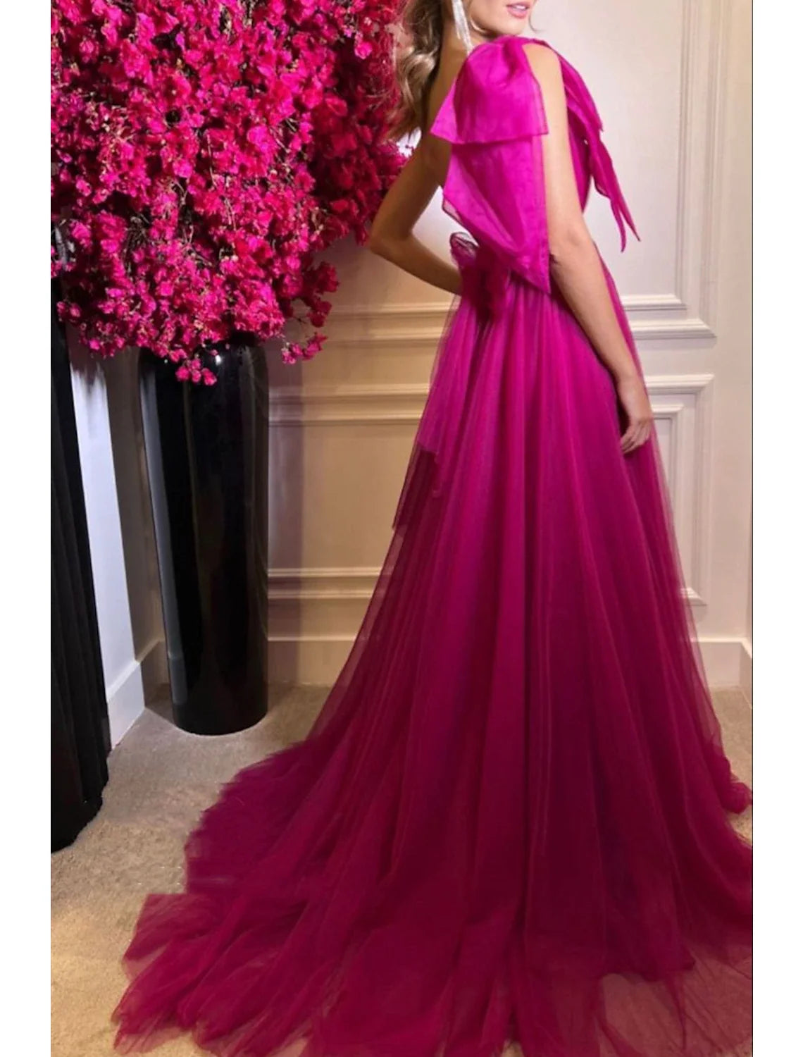 A-Line One-Shoulder Tulle Sleeveless High Slit Prom Dress - Chloe Dress
