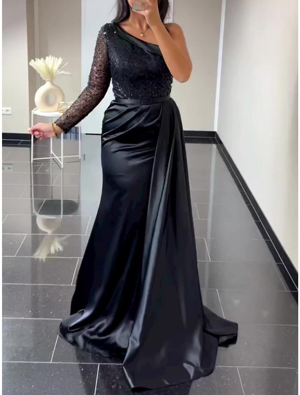 Black A-Line One-Shoulder Satin Long Sleeve Pleated Evening Gown - Chloe Dress