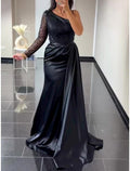 Black A-Line One-Shoulder Satin Long Sleeve Pleated Evening Gown - Chloe Dress