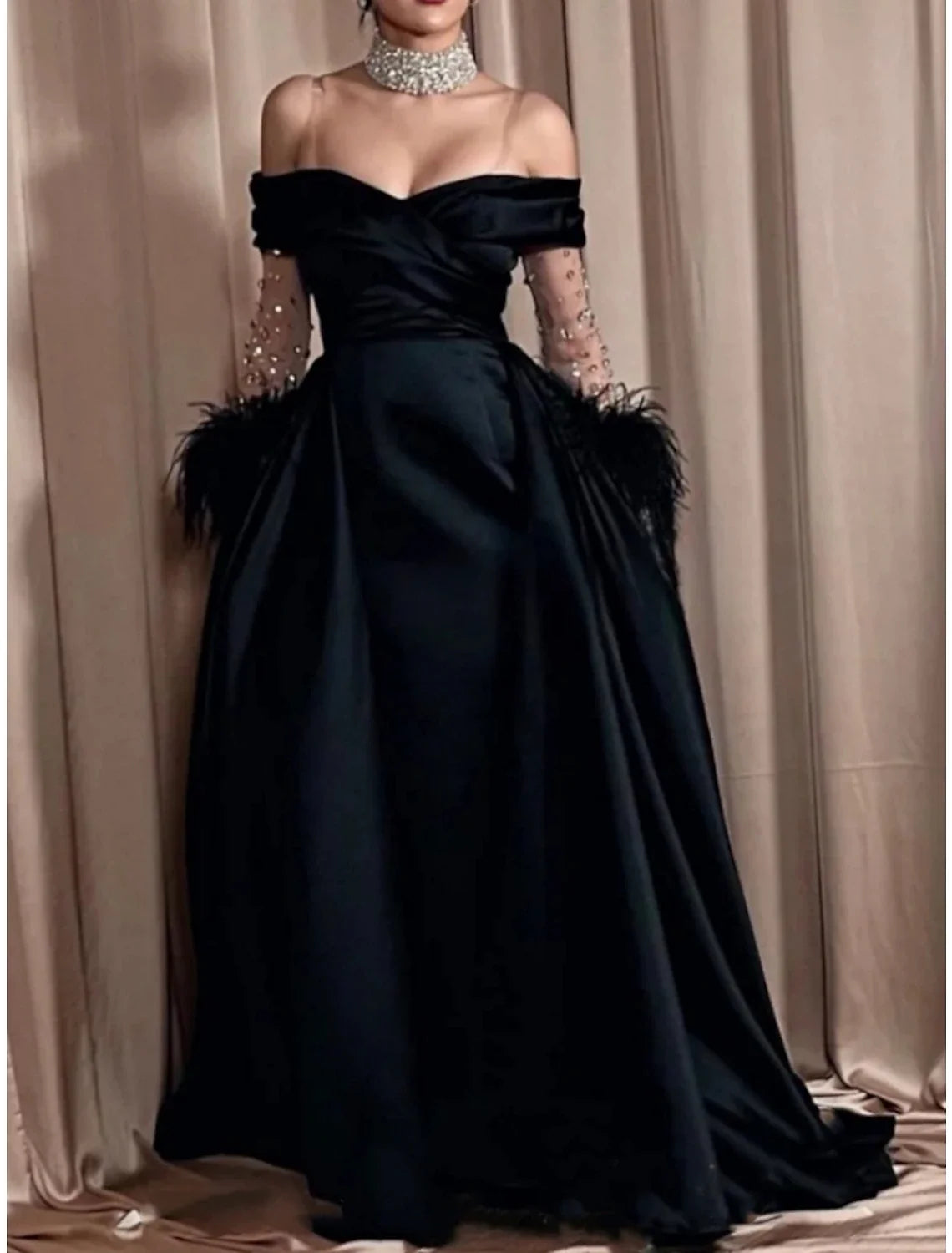 Black A-Line Off-Shoulder Satin Long Sleeve Pleated Evening Gown - Chloe Dress