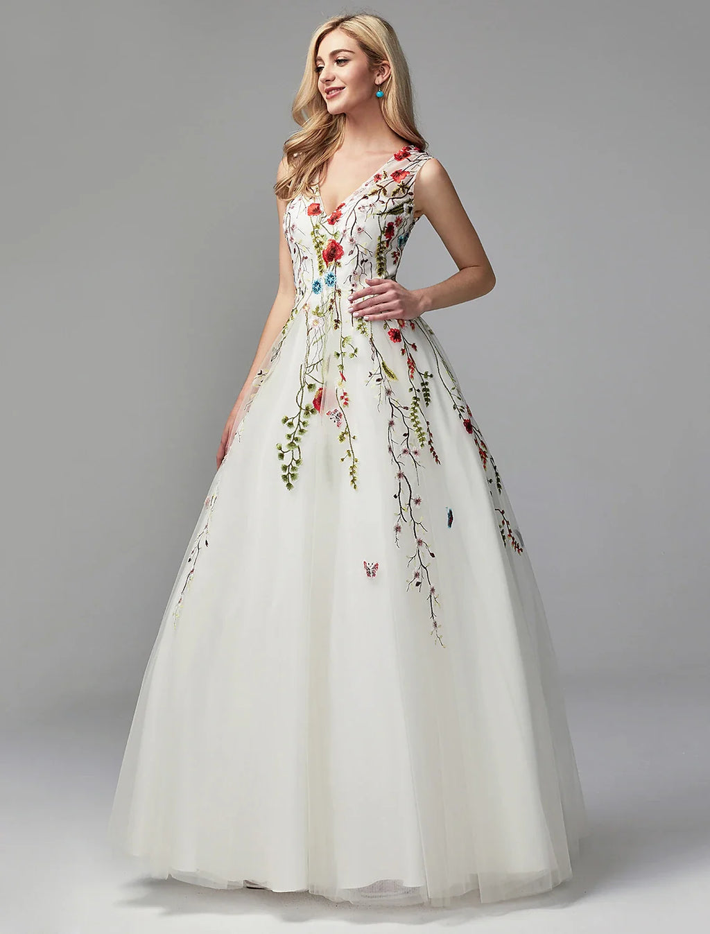 A-Line V-Neck Lace Sleeveless Applique Floor-Length Wedding Dress - Chloe Dress