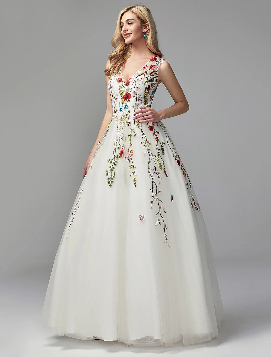 A-Line V-Neck Lace Sleeveless Applique Floor-Length Wedding Dress - Chloe Dress