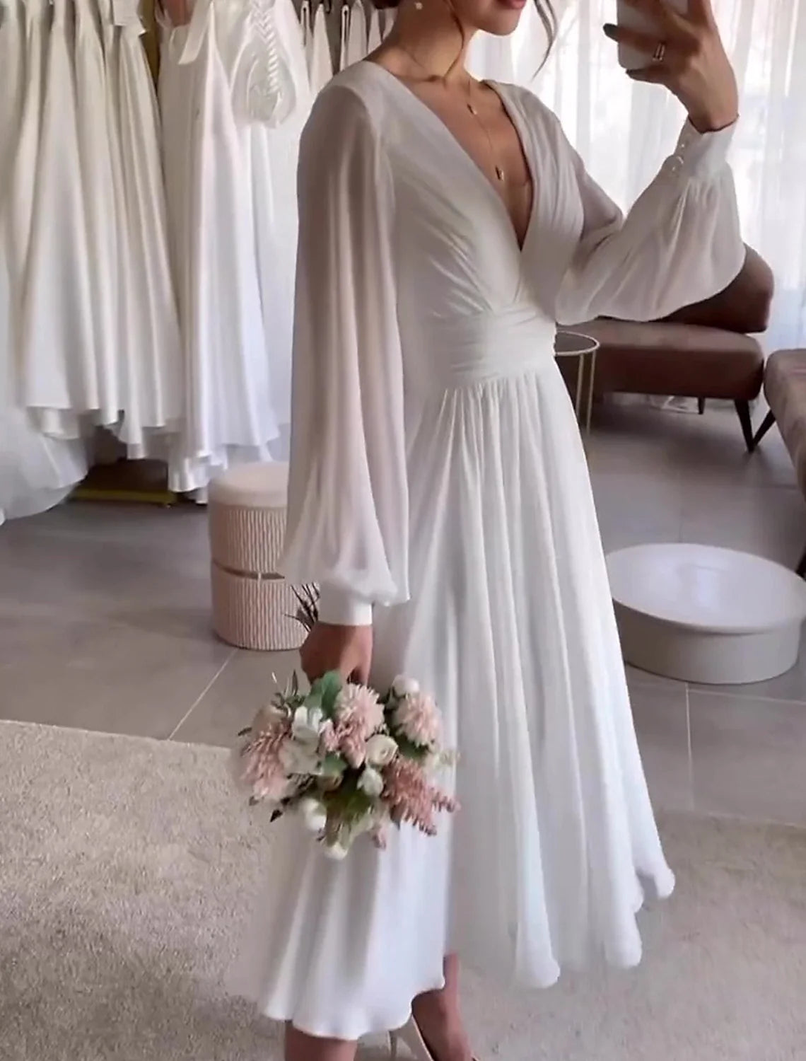 Ball Gown Off-Shoulder Satin Sleeveless Pleated Knee-Length Wedding Gown - Chloe Dress