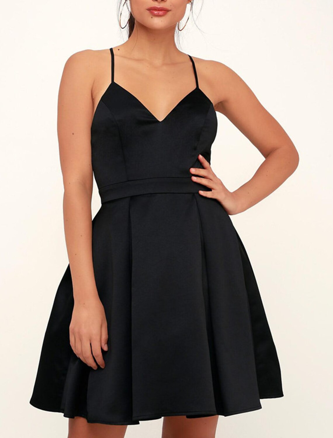 Black A-Line V-Neck Satin Sleeveless Pleated Mini Cocktail Dress - Chloe Dress