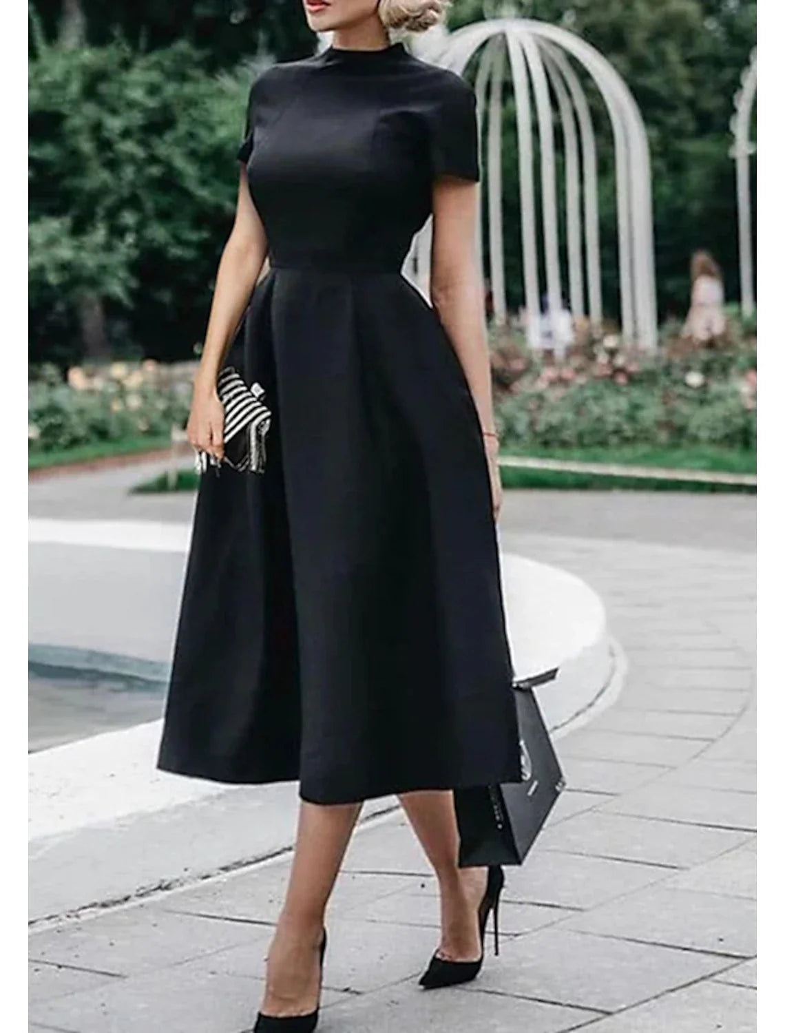 A-Line High Neck Satin Short Sleeve Pleated Mini Wedding Dress - Chloe Dress