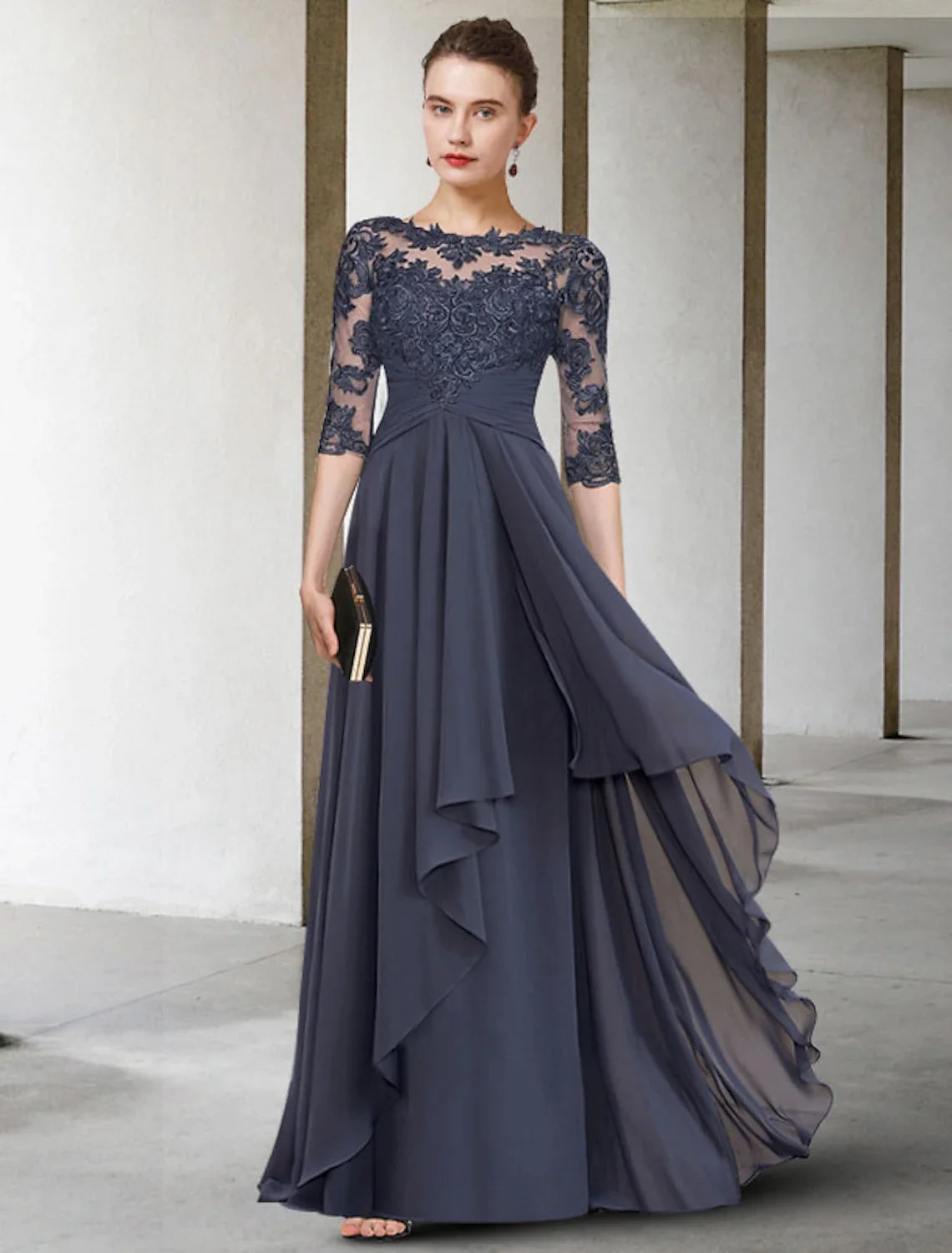 A-Line Chiffon Three-Quarter Sleeve Pleated Floor-Length Dress - Chloe Dress