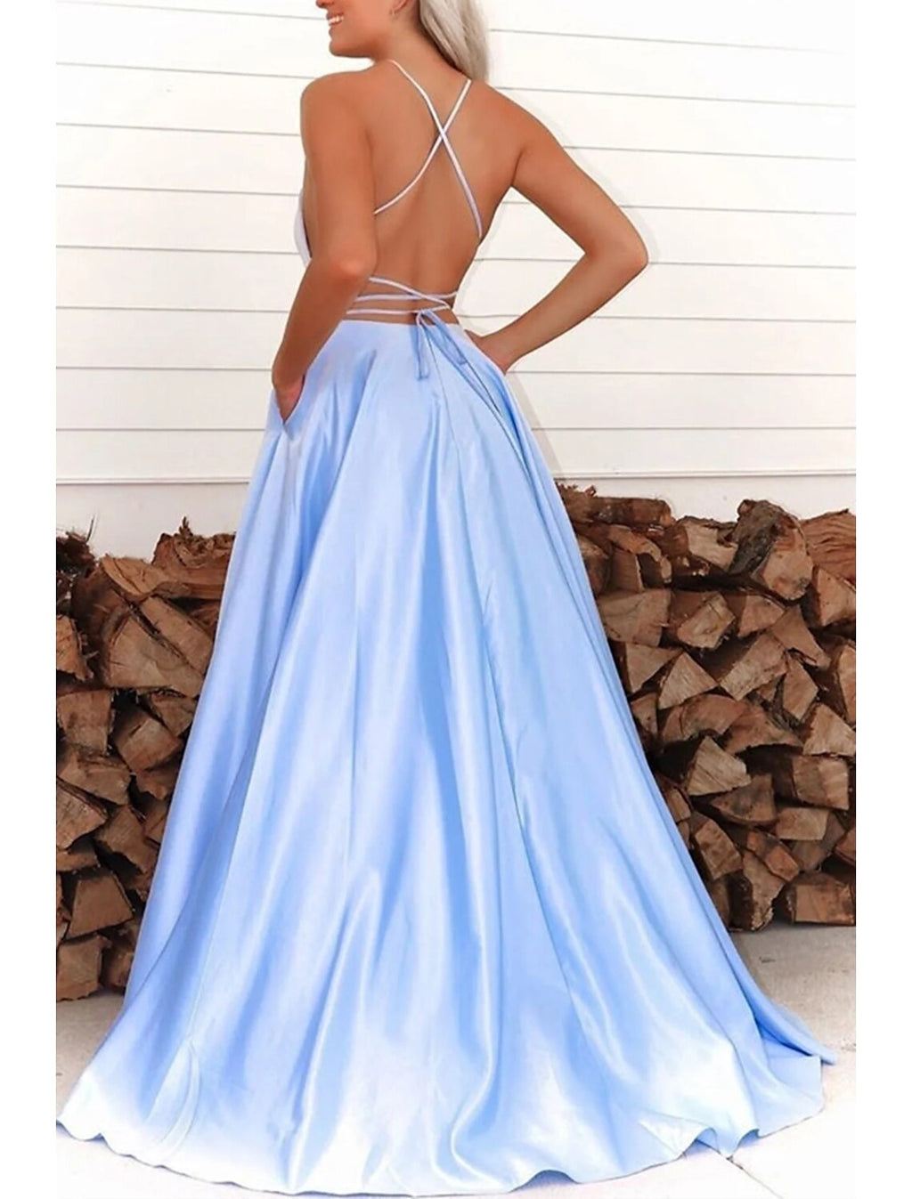 A-Line Spaghetti Strap Satin Sleeveless Open Back Pleated Prom Dress - Chloe Dress
