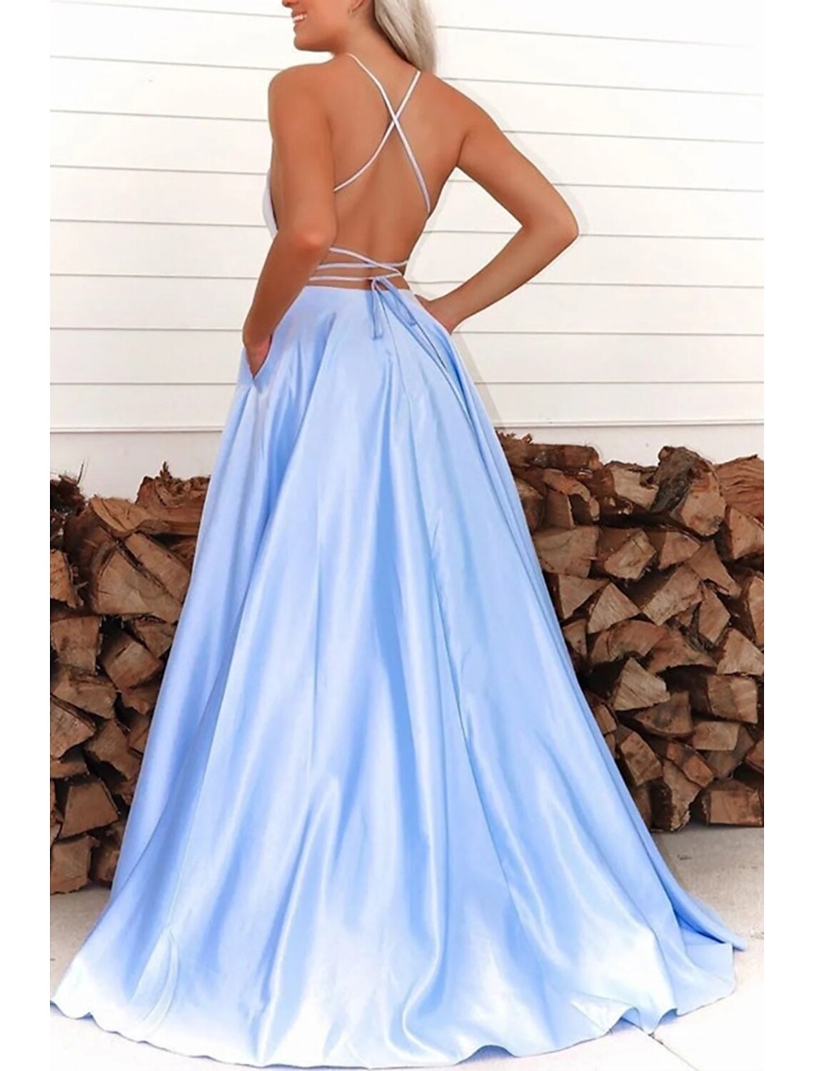 A-Line Spaghetti Strap Satin Sleeveless Open Back Pleated Prom Dress - Chloe Dress