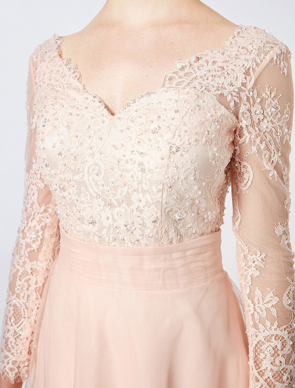 Ball Gown V-Neck Tulle Long Sleeve Open Back Applique Floor-Length Cocktail Gown - Chloe Dress