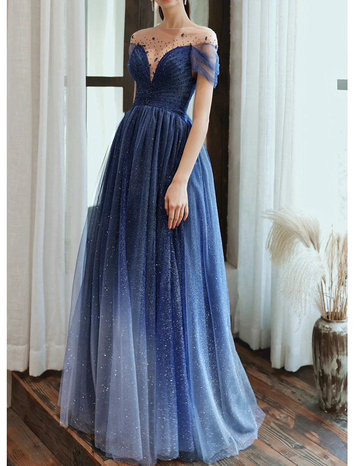 Sheath Tulle Short Sleeve Pleated Floor-Length Evening Dress - Chloe Dress