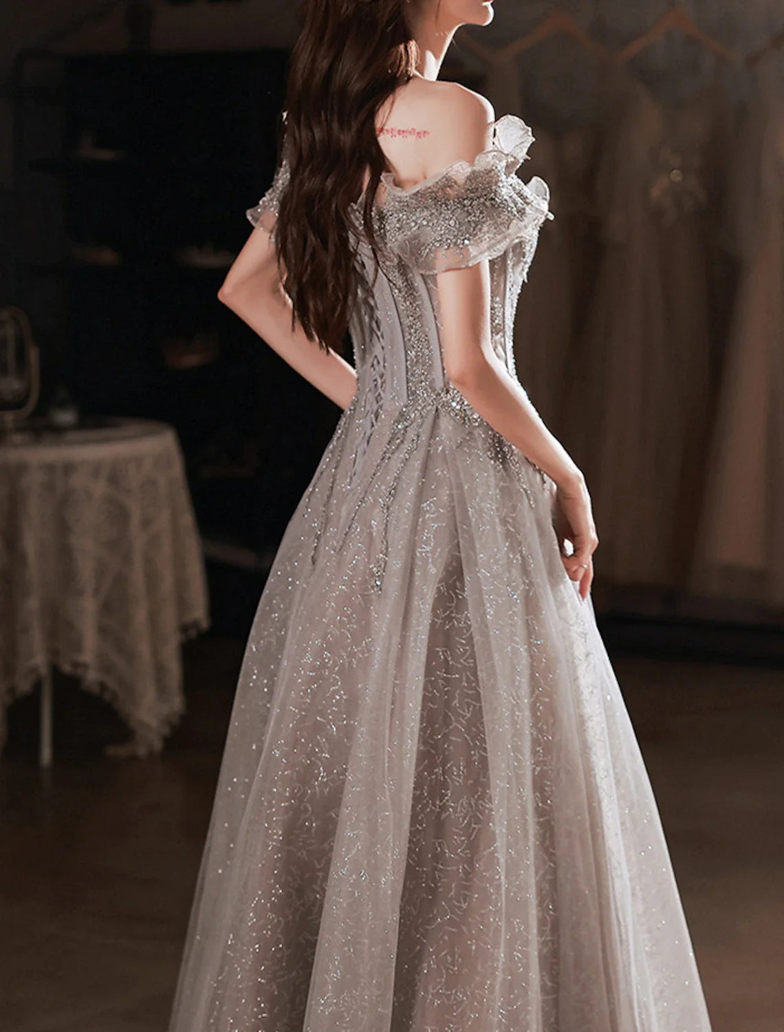 A-Line Off-Shoulder Sequin Short Sleeve Ruffled Floor-Length Prom Dress - Chloe Dress