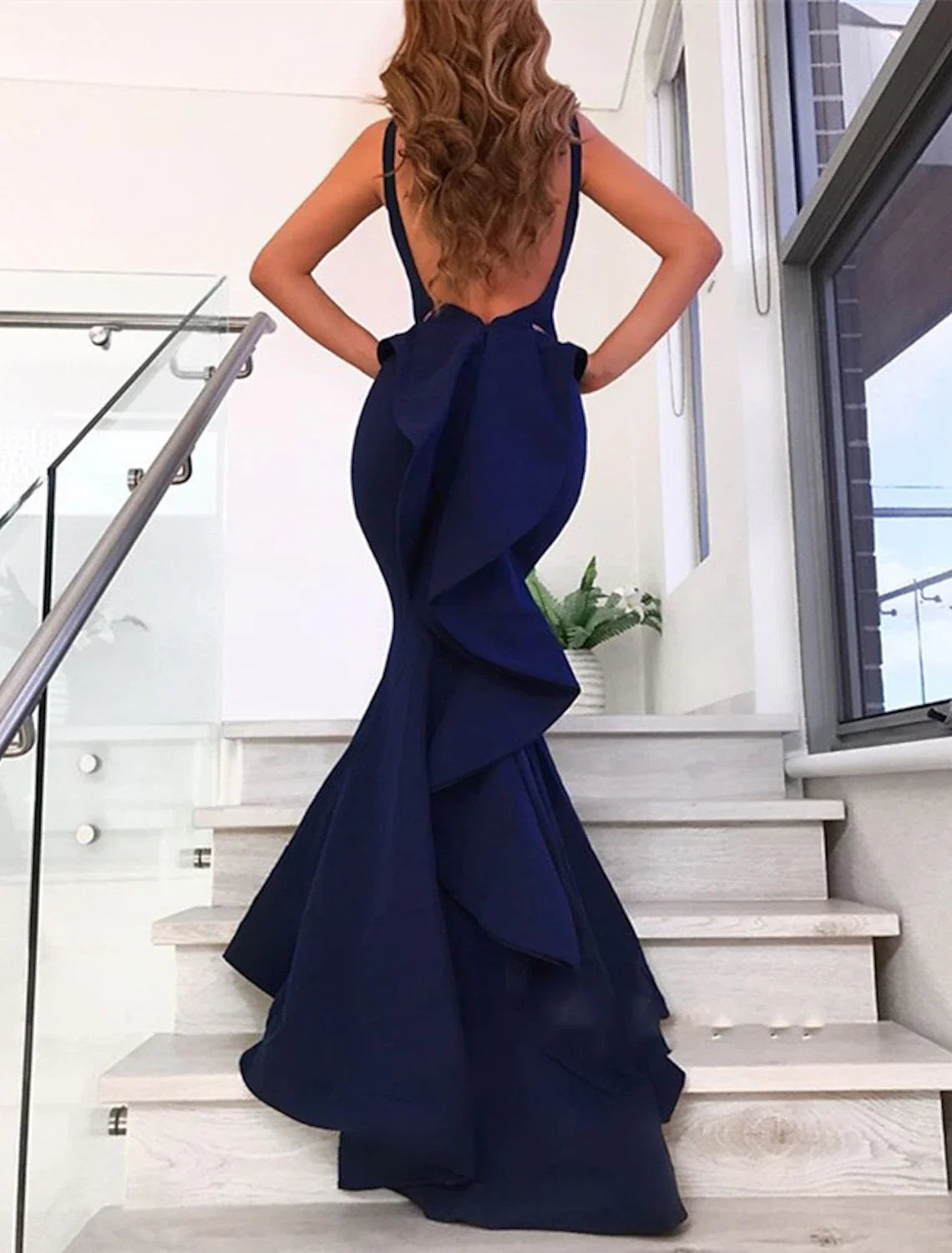 Mermaid V-Neck Sleeveless Open Back Ruffled Evening Gown - Chloe Dress