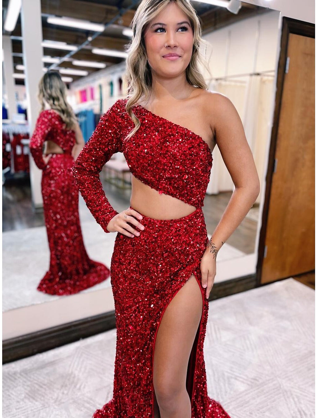 Mermaid One-Shoulder Sequin Long Sleeve Backless High Slit Prom Dress - Chloe Dress