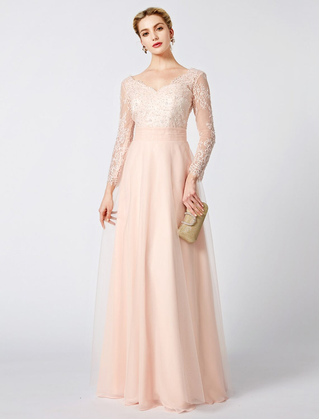 Ball Gown V-Neck Tulle Long Sleeve Open Back Applique Floor-Length Cocktail Gown - Chloe Dress