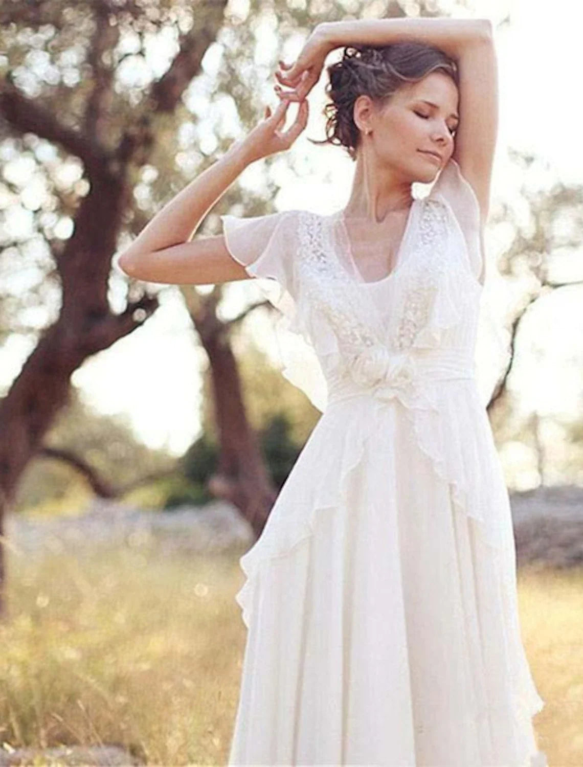 A-Line V-Neck Chiffon Short Sleeve Applique Floor-Length Wedding Gown - Chloe Dress