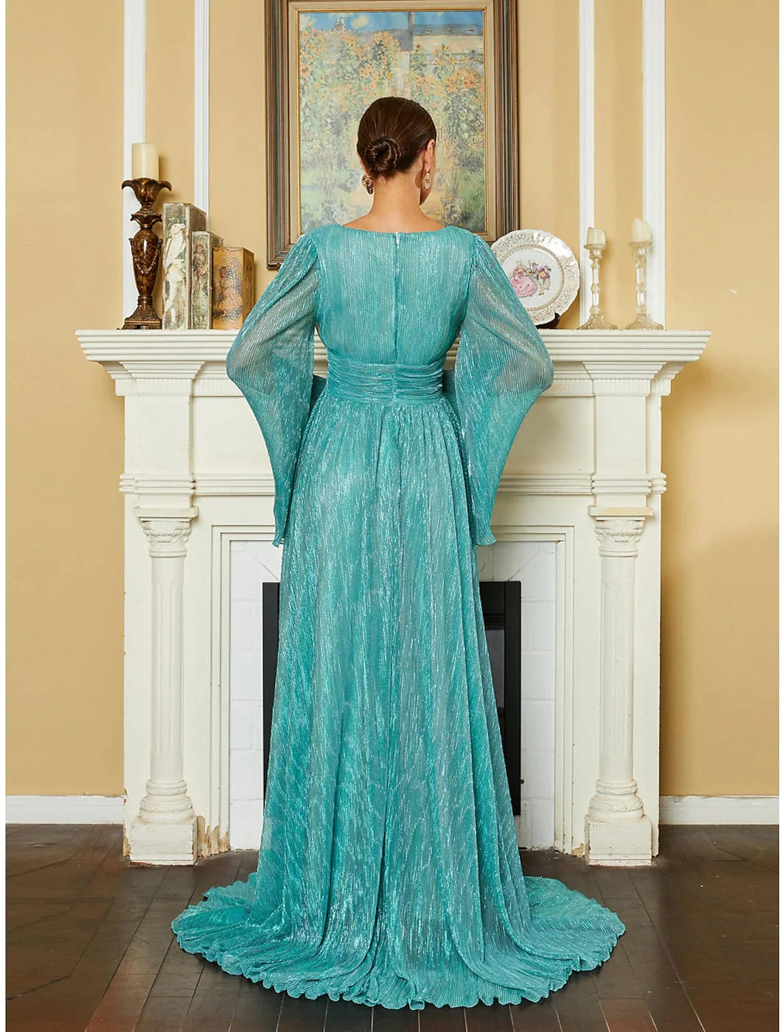 A-Line V-Neck Sequin Long Sleeve Pleated Evening Gown - Chloe Dress