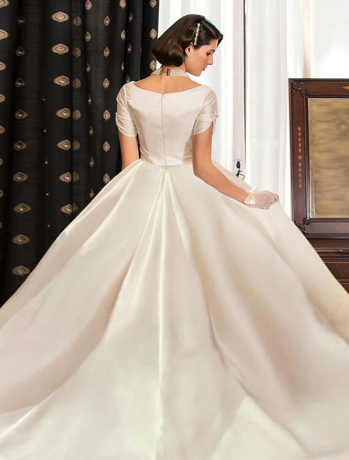 Ball Gown V-Neck Satin Short Sleeve Train Mini Wedding Gown - Chloe Dress