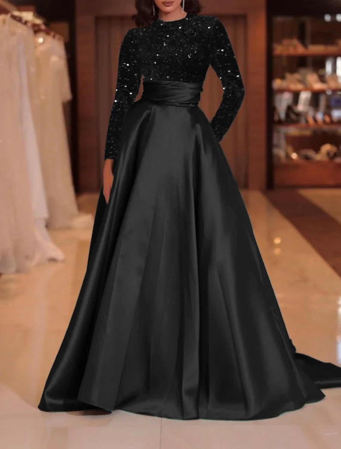 Green A-Line High Neck Satin Long Sleeve Train Evening Gown - Chloe Dress