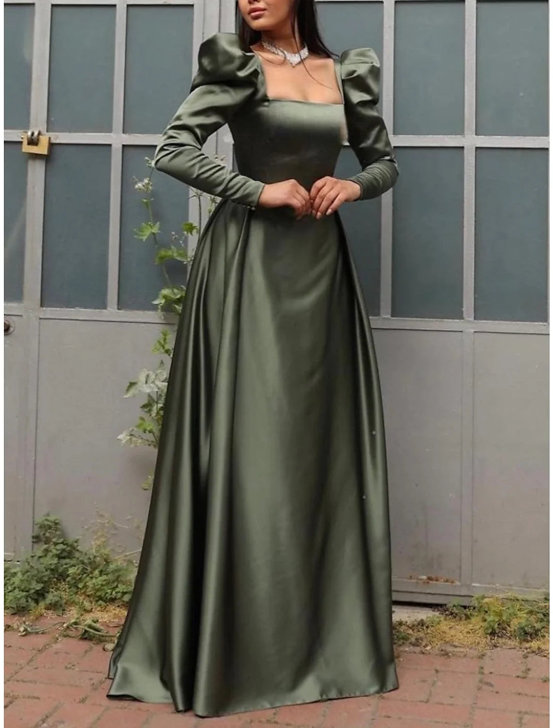 Green A-Line Square Neck Satin Long Sleeve Pleated Evening Gown - Chloe Dress