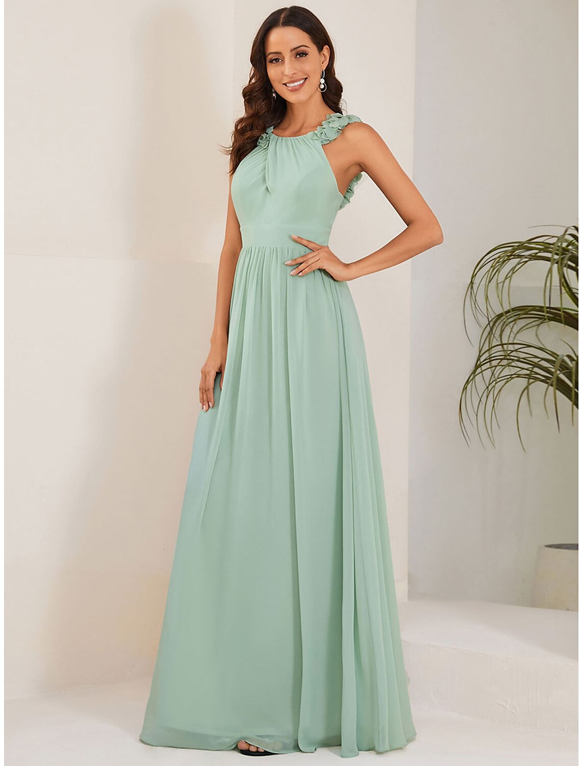 Black A-Line Chiffon Sleeveless Open Back Pleated Floor-Length Wedding Dress - Chloe Dress