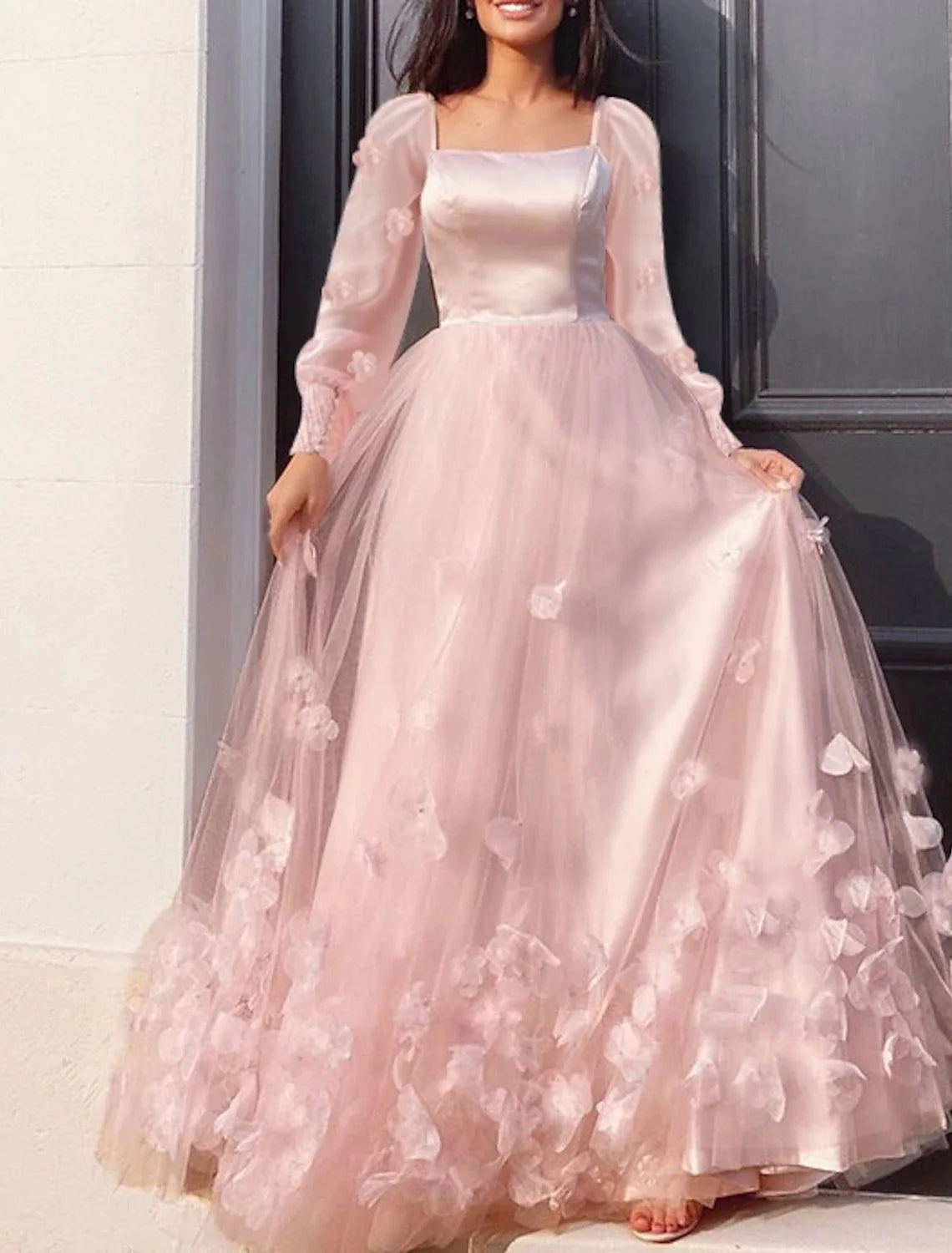 A-Line Tulle Long Sleeve Applique Floor-Length Prom Dress - Chloe Dress