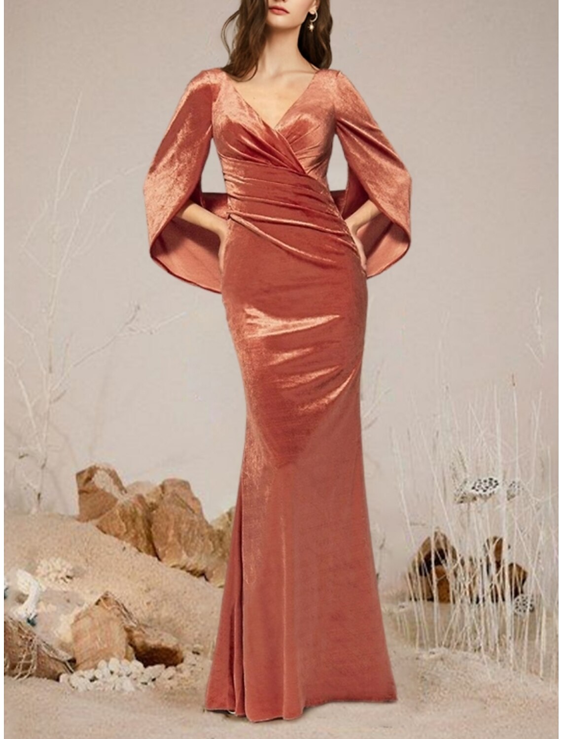Mermaid V-Neck Velvet Pleated Floor-Length Evening Gown - Chloe Dress