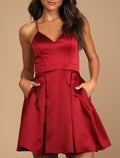 Black A-Line V-Neck Satin Sleeveless Pleated Mini Cocktail Dress - Chloe Dress