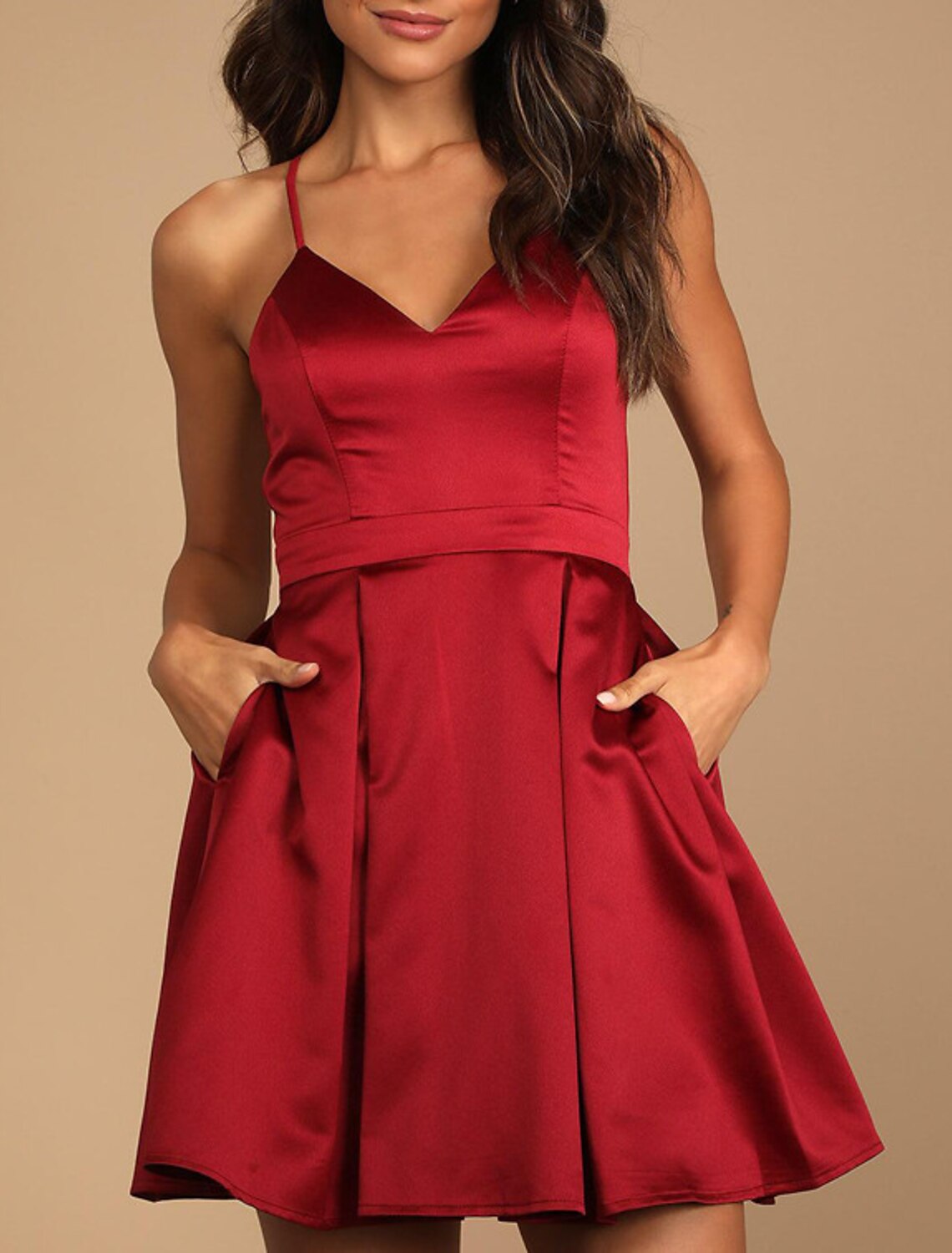 Black A-Line V-Neck Satin Sleeveless Pleated Mini Cocktail Dress - Chloe Dress