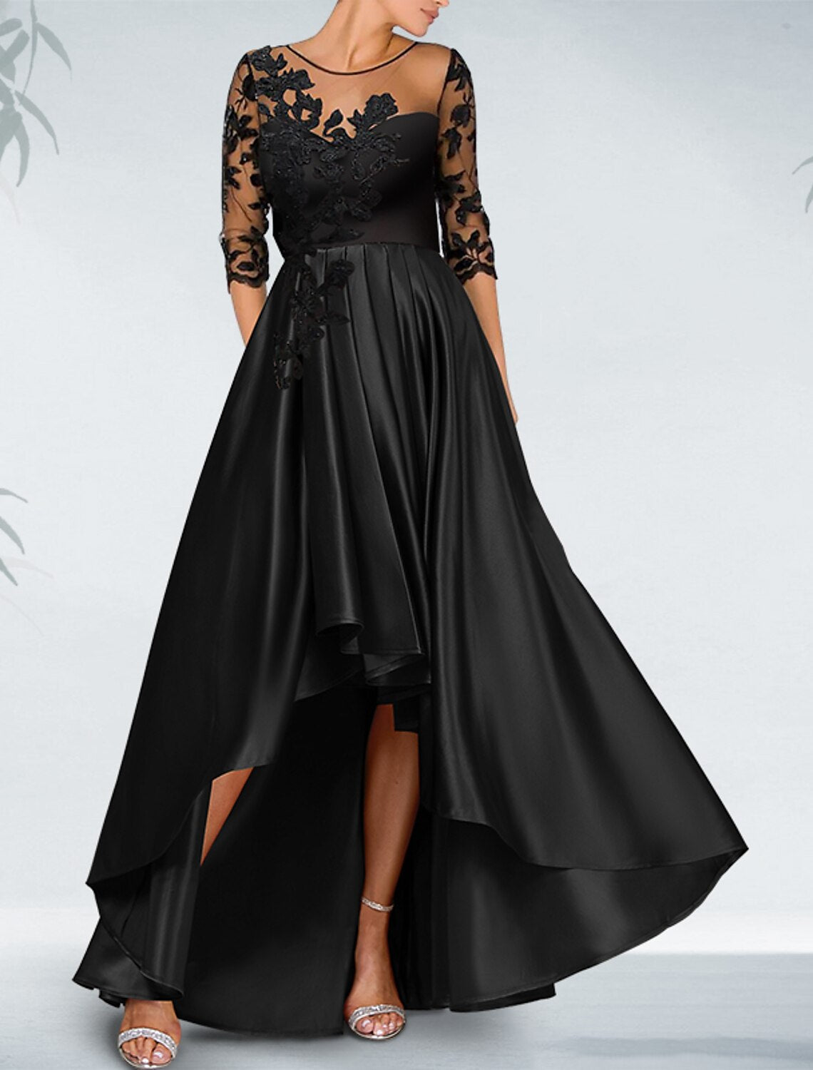 Black Sheath Off-Shoulder Satin Three-Quarter Sleeve Asymmetric Wedding Dress - Chloe Dress
