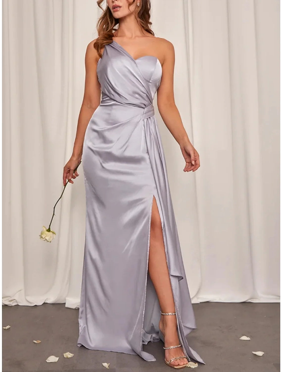Sheath One-Shoulder Satin Sleeveless Train Wedding Dress - Chloe Dress