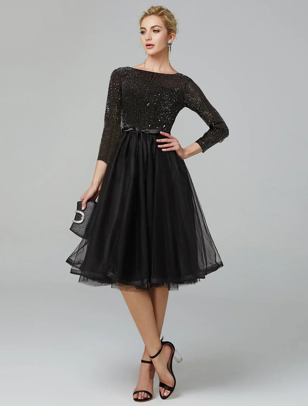 A-Line Tulle Three-Quarter Sleeve Tea-Length Wedding Dress - Chloe Dress