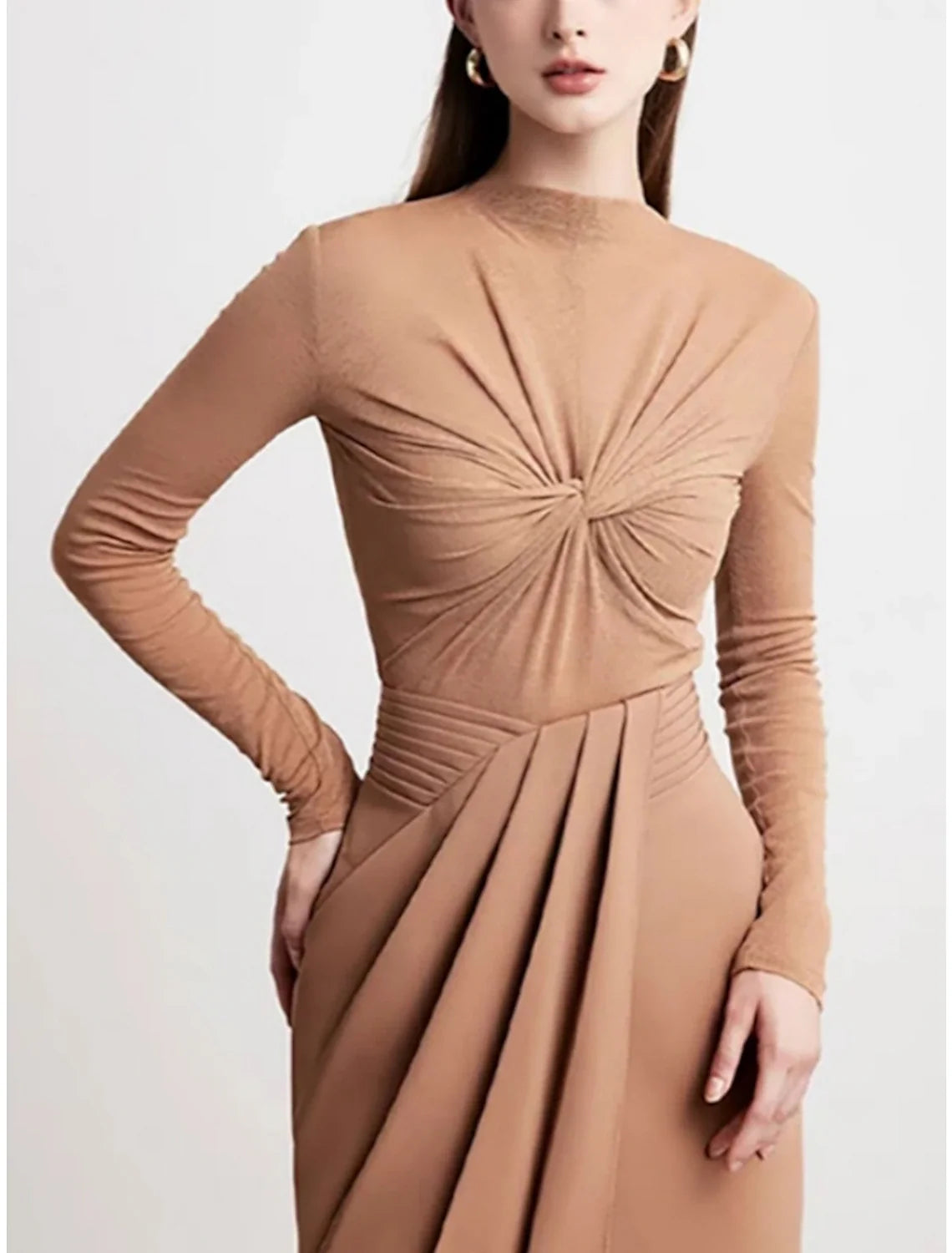 Sheath High Neck Long Sleeve High Slit Tea-Length Evening Gown - Chloe Dress