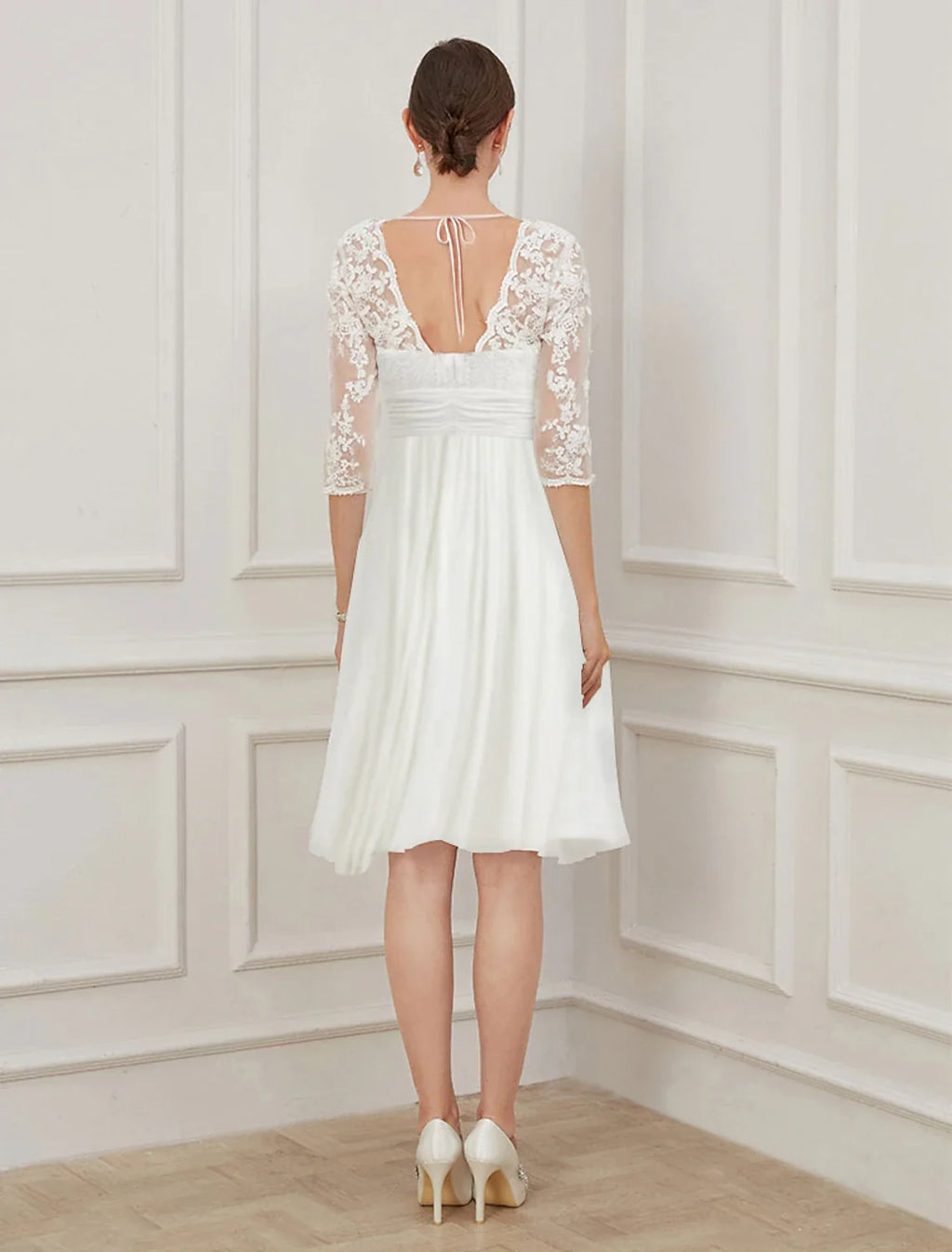 White A-Line V-Neck Chiffon Applique Knee-Length Wedding Gown - Chloe Dress