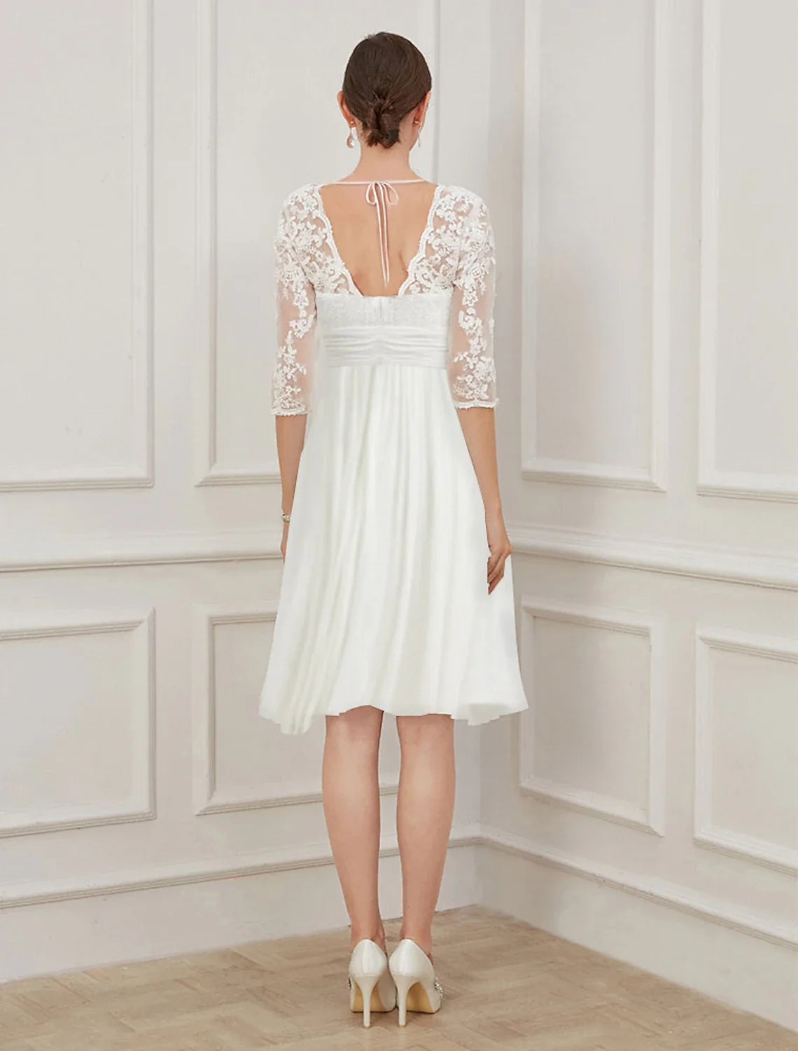 White A-Line V-Neck Chiffon Applique Knee-Length Wedding Gown - Chloe Dress