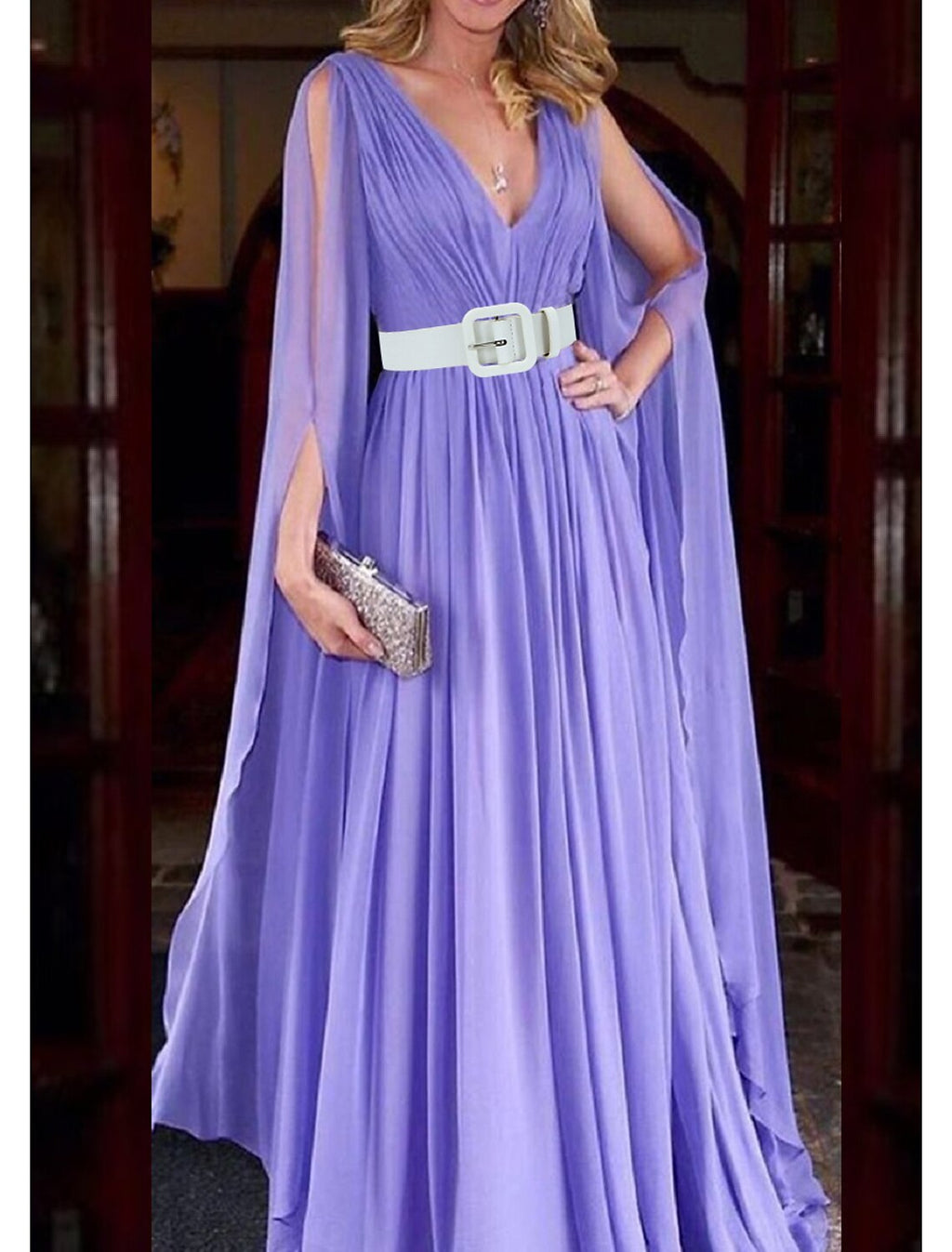 Black A-Line V-Neck Chiffon Long Sleeve Floor-Length Wedding Dress - Chloe Dress