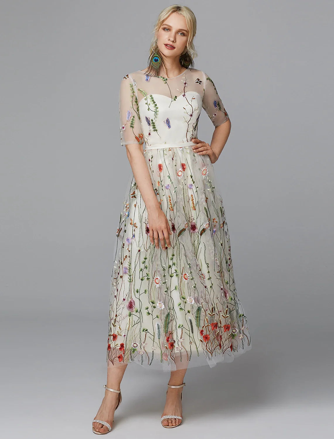 A-Line Illusion Lace Applique Tea-Length Wedding Dress - Chloe Dress