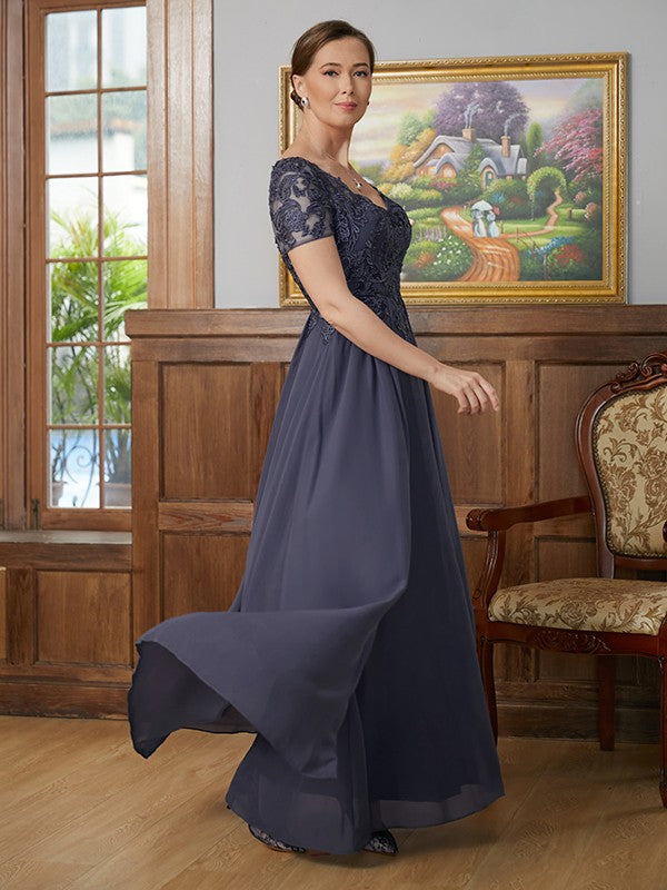 A-Line V-Neck Chiffon Short Sleeve Applique Floor-Length Dress - Chloe Dress