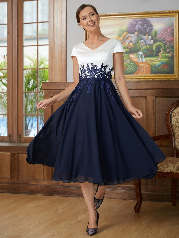 A-Line V-Neck Chiffon Short Sleeve Applique Mini Dress - Chloe Dress